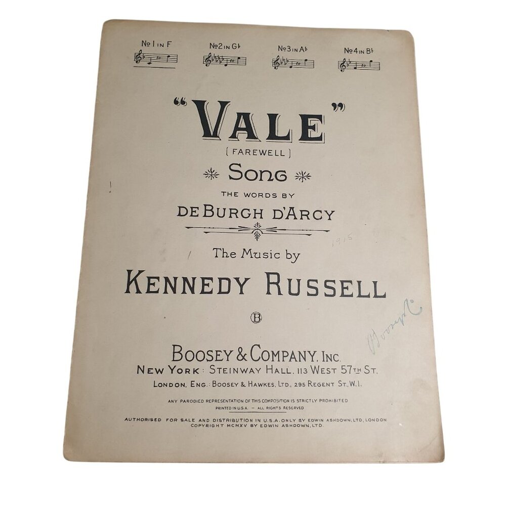 Vale Sheet Music Song By Kennedy Russell 1915 Boosey Farewell DeBurgh DArcy